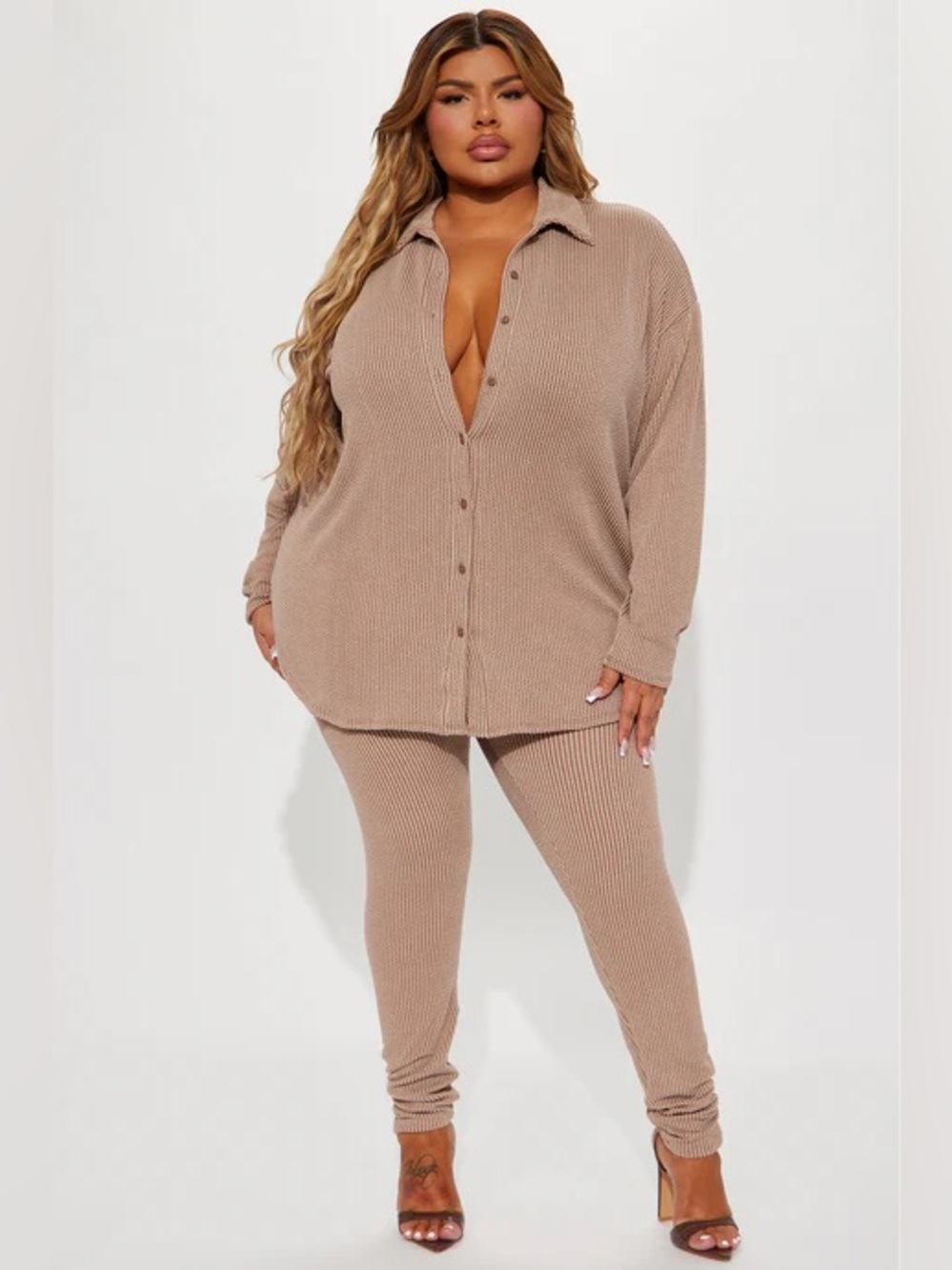 Fashion Nova Plus Ribbed Button-Up Top & Legging Set - Taupe